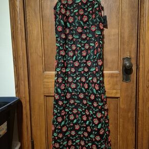 Anna Sui black maxi dress with red/green floral embroidery #floral #maxidress